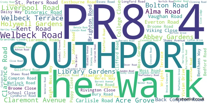 A word cloud for the PR8 4 postcode